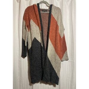 Joseph A. Women Hooded Open Front Cardigan Geometric Chevron Knit Sweater S Boho